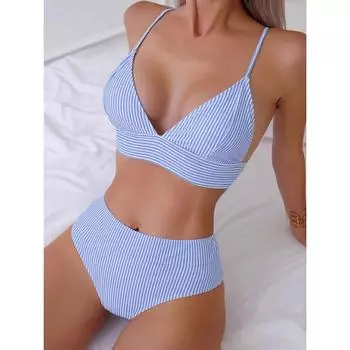 Раздельный купальник бикини сексуальный облегающий полосатый комплект бикини однотонный с высокой талией сексуальный облегающий купальник M