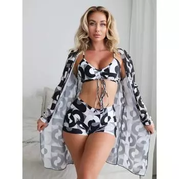 Раздельный купальник из трех частей с бикини с плоской линией бедра для женщин, новый стиль с раздельным верхом и бантом, модный пляжный и купальный наряд S чёрный