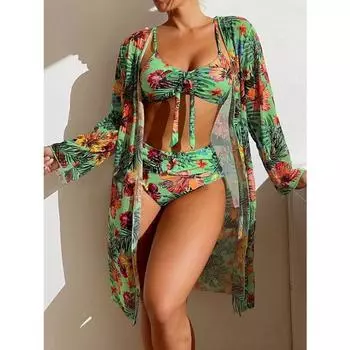 Раздельный купальник из трех частей с цветочным принтом, женский комплект бикини, беспроводной бюстгальтер с вкладышем, спортивный топ, блузка с длинным рукавом, купальник, большой размер S зелёный