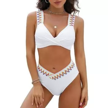 Раздельный купальник с высокой талией и эластичной резинкой с глубоким V-образным вырезом, сексуальный однотонный купальник-бикини S белый