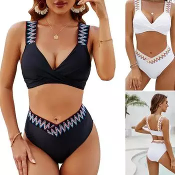 Раздельный купальник с высокой талией и эластичной резинкой с глубоким V-образным вырезом, сексуальный однотонный купальник-бикини S белый