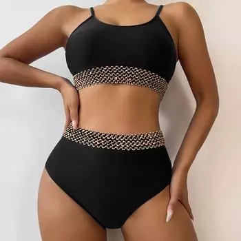 Раздельный однотонный купальник, сексуальный купальник-бикини с высокой талией и завязками на шее, женский купальник S чёрный