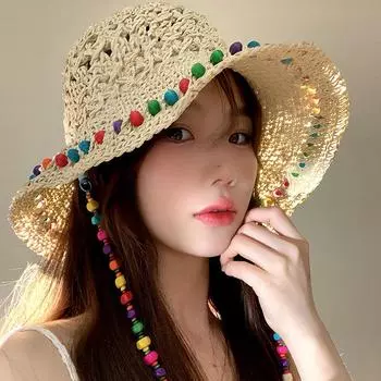 Разделение цветных бусин милая соломенная шляпа крючком женская пляжная шляпа-ведро летняя солнцезащитная шляпа M56-58cm бежевый