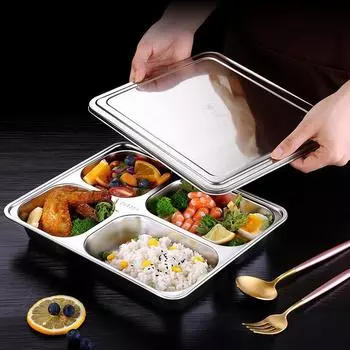 Разделенная тарелка из нержавеющей стали 304 с крышкой, ланч-бокс, поднос для фаст-фуда, контейнер на 3/4/5 секций, поднос для школьной домашней столовой