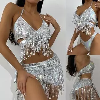 Разделенный купальник, состоящий из 3 частей, женский блестящий тканевый сексуальный бикини с кисточками, бикини L золотой