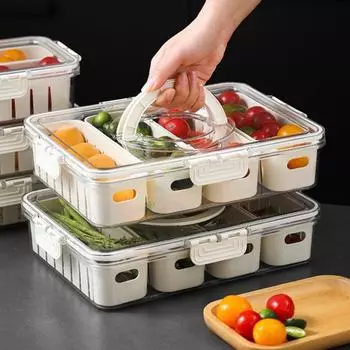 Разделенный сервировочный поднос с ручкой крышки, пищевой класс, не содержит BPA, большой емкости, портативный органайзер для холодильника, контейнер для еды D