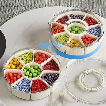 Разделенный вращающийся поднос с крышкой и ручкой, переносная коробка для фруктов, закусок, овощей, колбасных изделий, прозрачный органайзер для закусок