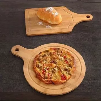 Разделочная доска из бамбука с ручкой, деревянный поднос, круглая прямоугольная разделочная доска для пиццы, нарезанная еда, хлеб, фрукты, овощи