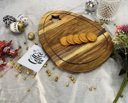 Разделочная доска из дерева в форме яйца для кухни, деревянное сервировочное блюдо, разделочные доски для еды, сыра, фруктов и салата, органическая доска с пазом Large коричневый