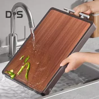 Разделочная доска из нержавеющей стали с отверстием для сока, двухсторонняя, реверсивная, разделочная доска для кухни, переносная разделочная доска для мяса, фруктов темно-коричневого