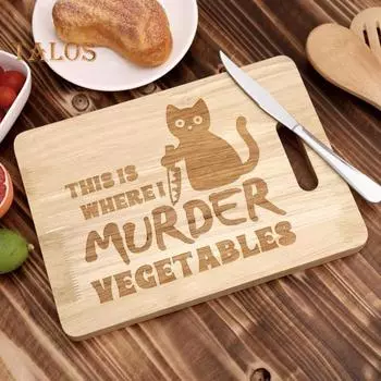 Разделочная доска с черным котом на Хэллоуин, забавная гравировка, здесь я убиваю овощи, деревянный поднос для сервировки еды, разделочная доска, кухонные принадлежности