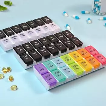 Разделяемый органайзер для таблеток с хорошей герметизацией и принтом букв с крышкой на 7 дней, 14 ячеек, еженедельная коробка для таблеток, товары для дома