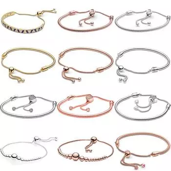 Раздвижной браслет Pave Heart & Star Rose Castle с блестящими камнями и полосками, модный браслет из стерлингового серебра 925 пробы, очаровательные ювелирные изделия из бисера