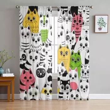 Различные прозрачные шторы с изображением кошек для гостиной, детской спальни, тюлевые шторы, кухонные шторы для окон 135W x 114H(cm)