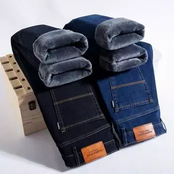 Размер 30-44 зимние мужские высококачественные плюшевые утолщенные теплые джинсы большого размера прямые свободные длинные брюки 30 синий