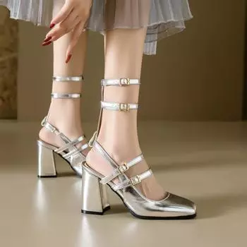 Размер 32-46 Женские туфли-гладиаторы с несколькими пряжками, толстые высокие каблуки, римские туфли с ремешком на щиколотке, серебристо-бежевые сандалии 33