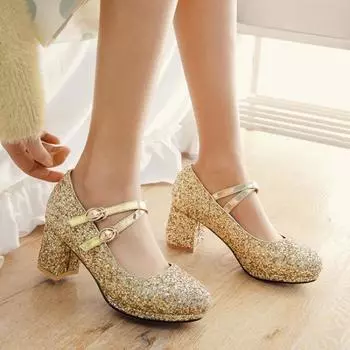 Размер 33-43 Женские красные туфли на высоком каблуке с блестками и золотыми ремешками Туфли Мэри Джейн с двойной пряжкой Женские свадебные нарядные 33