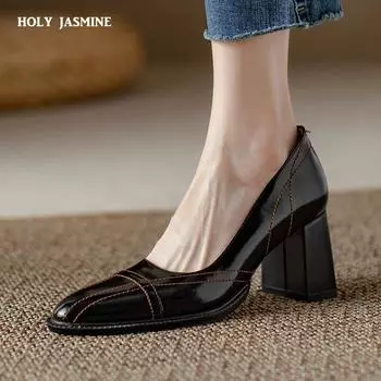 Размер 34-43, новинка 2024 года, туфли из натуральной лакированной кожи с круглым носком, на толстом высоком каблуке, женские туфли для вечеринки и свадьбы, женские туфли-лодочки на каблуках для женщин 34 чёрный