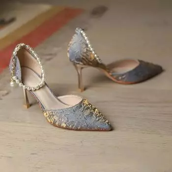 Размер 35-40, туфли на высоком каблуке с жемчужинами и кружевом, женские белые свадебные туфли на шпильке с острым носком для невесты и подружки невесты 35