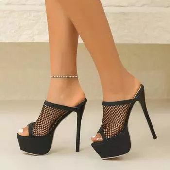 Размер 35-42. Тапочки на платформе для женщин. Модные дышащие сетчатые босоножки с открытым носком на очень высоком каблуке. Летняя обувь. Туфли-лодочки для женщин. 35 чёрный