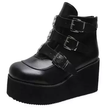 Размер 35-43 Goth Shoes Winter Buckle Boots Ankel Boots Women Punk 8CM High Platform Boots Wedges High Heels Boots Botas Mujer 35 чёрный