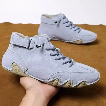 Размер 36-48. Удобная кожаная мужская обувь с высоким берцем, модные мужские короткие ботинки без шнуровки. 36 синий