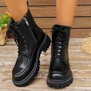 Размер 42, осенне-зимние ботильоны на платформе, женские, толстая подошва, искусственная кожа, байкерские ботинки, женские, короткие, плюшевые, на шнуровке, женские 37 чёрный