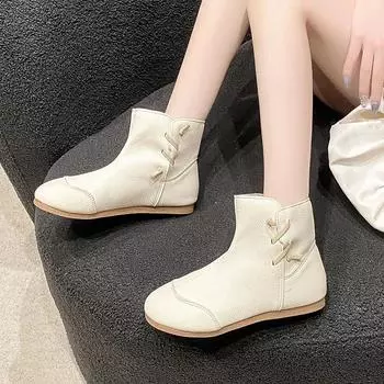 Размер 42, женские осенние тонкие ботинки, ретро-коричневые, мягкие кожаные ботильоны, модные сапоги для верховой езды, удобные туфли на плоской подошве, эластичные ботильоны без застежек 36 бежевый