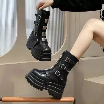 Размер 43 панк готика женские мотоциклетные ботинки пряжка толстая подошва платформа обувь рок люксовый бренд армейские женские зимние ботинки 35 чёрный