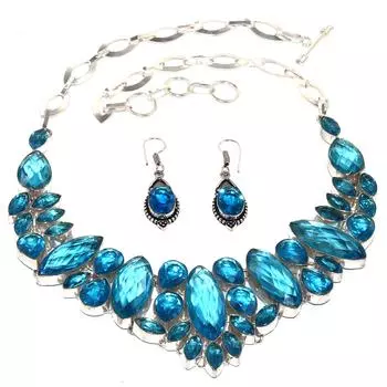 Размер Hugh Facited Swiss Blue Quartz Handmade Jewelry Ожерелье Серьги 16-18