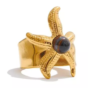 Размер Иит:7 Океанский стиль Нержавеющая сталь Натуральный тигровый глаз Морская звезда Открытое кольцо Летняя пляжная праздничная одежда Ювелирное украшение Подарок 7 золотой