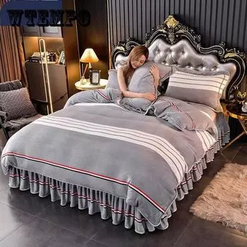 Размер King Size/Queen Size/Twin Size Зимняя молочная флисовая юбка-кровать Пододеяльник Наволочка Комплект из четырех предметов Утолщенное теплое простое постельное белье Высокое качество Twin 4pcs