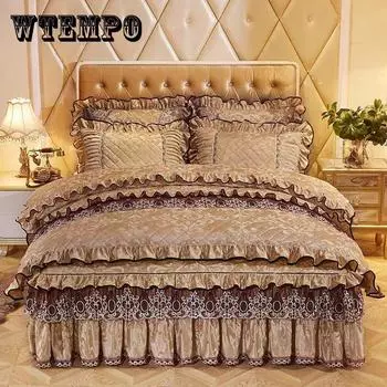 Размер King Size/Queen Size/Twin Size Кружевная утолщенная стеганая юбка-кровать Пододеяльник Наволочка Комплект из четырех предметов Утолщенное теплое постельное белье с вышивкой Высокое качество Twin 4pcs