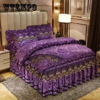 Размер King Size/Queen Size/Twin Size Кружевная юбка-кровать Пододеяльник Наволочка Комплект из четырех предметов Утолщение Теплая спальня Простое постельное белье Высокое качество Осень Зима Twin 4pcs