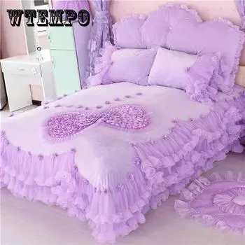 Размер King Size/Queen Size/Twin Size Кружевная утолщенная стеганая юбка-кровать Пододеяльник Наволочка Комплект из четырех предметов Теплая спальня Простое постельное белье Высокое качество Twin 4pcs
