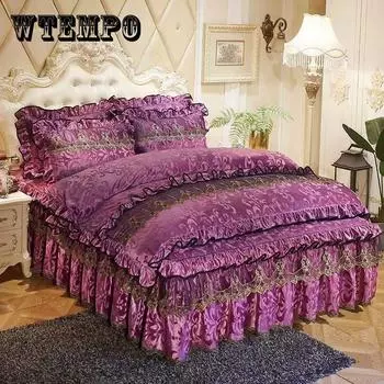 Размер King Size/Queen Size/Twin Size Кружевная юбка-кровать Пододеяльник Наволочка Комплект из четырех предметов Утолщение Теплая спальня Простое постельное белье Высокое качество Осень Зима Twin 4pcs