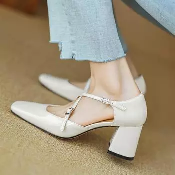 Размер не подлежит возврату, каблук перекрестный ремень Мэри Джейн толстый высокий каблук квадратный нос полые одинарные туфли женские 34 серебряный