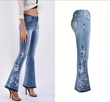 Размер S-4XL Джинсовые брюки-клеш с эластичной цветочной вышивкой S синий