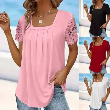 Размер S-5XL, элегантная плиссированная кружевная футболка с квадратным вырезом и принтом, женские однотонные футболки с короткими рукавами, летние женские повседневные свободные топы S белый