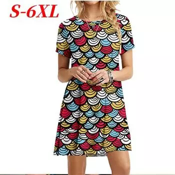 Размер S-6XL 3D Платья с принтом «рыбьей чешуи», летнее пляжное платье для женщин с коротким рукавом, повседневное женское платье с круглым вырезом, большие размеры, платье Vestido S