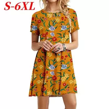 Размер S-6XL Платье с цветочным принтом Женское свободное летнее платье с коротким рукавом и круглым вырезом Повседневное платье больших размеров S