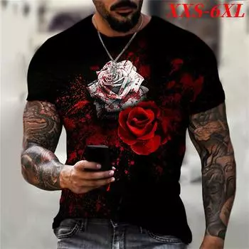 Размер XXS-6XL Большие размеры Футболки Топы Мужская винтажная свободная футболка Уличный повседневный свитер с круглым вырезом Принт розы Мужская футболка с коротким рукавом XXS