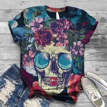Размер XXS-6XL Модная футболка с рисунком черепа, с круглым вырезом и коротким рукавом, летние топы в стиле Харадзюку, женская одежда, уличные футболки для девочек в стиле хип-хоп XXS