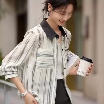 Размытая полосатая рубашка с цветными блоками для женщин, весенний новый стиль, тонкая и универсальная рубашка S