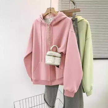 Разноцветная флисовая толстовка с капюшоном для женщин, осень-зима, бархатные толстовки и свитшоты, повседневная американская ретро-куртка, тренд M светло-серый