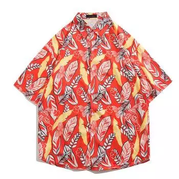 Разноцветная гавайская мужская рубашка, летняя повседневная рубашка, пляжная рубашка с коротким рукавом, цветочные растения, лацканы, гавайская праздничная одежда M зелёный/белый