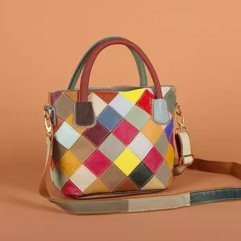 Разноцветная клетчатая сумка через плечо для женщин, случайный контрастный цвет, натуральная кожа, повседневная сумка на одно плечо