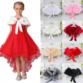 Разноцветная праздничная шаль для девочек, однотонная свадебная накидка с лентой, шали, куртка, детская одежда, халат с мягким мехом и бантом для детских пальто 3-8 лет FREE SIZE слоновая кость