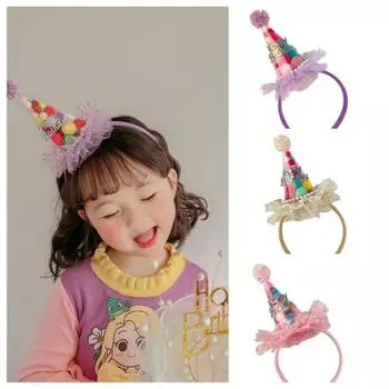 Разноцветная шляпа на день рождения, повязка на голову в корейском стиле, кружевная сетка, обруч для волос, повязка для волос с днем рождения, детская