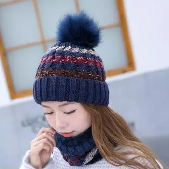 Разноцветная вязаная шапка-шарф с большим меховым шаром, теплая с бархатом, женская зимняя чёрный